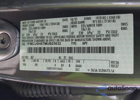 2021 Ford Escape Sel z USA, uszkodzony, nr VIN 1FMCU0H67MUB25632